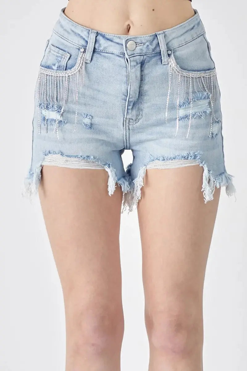 RISEN Frayed Hem Denim Shorts with Fringe Detail Pockets - Love Salve